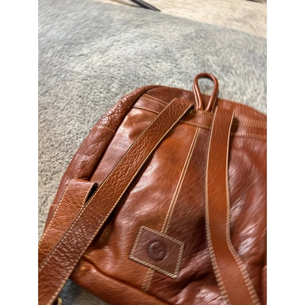 Roots Leather Backpack Cognac Brown Brass Hardware White Stitch Medium